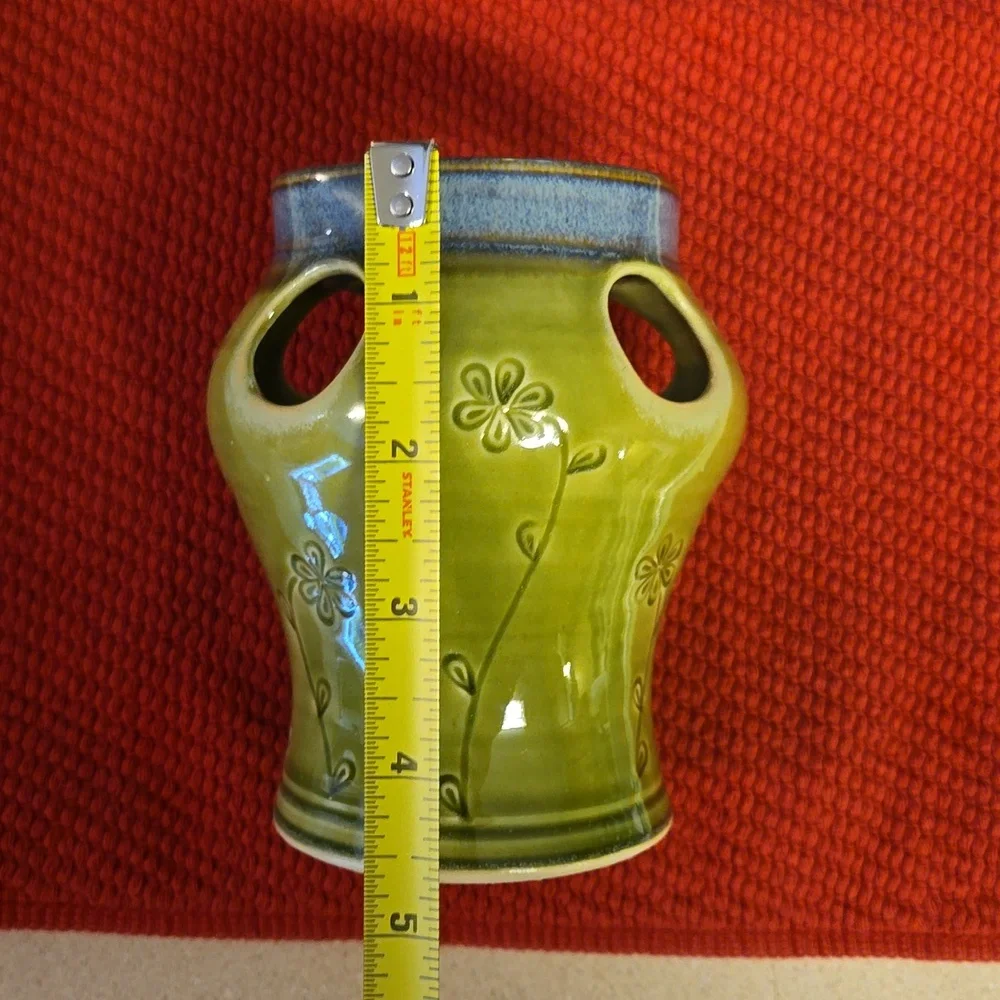 Pottery toothbrush toothpaste holder blue and green floral